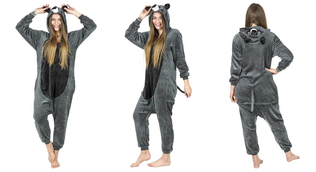 Warm men's kigurumi pajamas onesie raccoon one-piece zip-up s Gray raccoon Onesie Costume - S