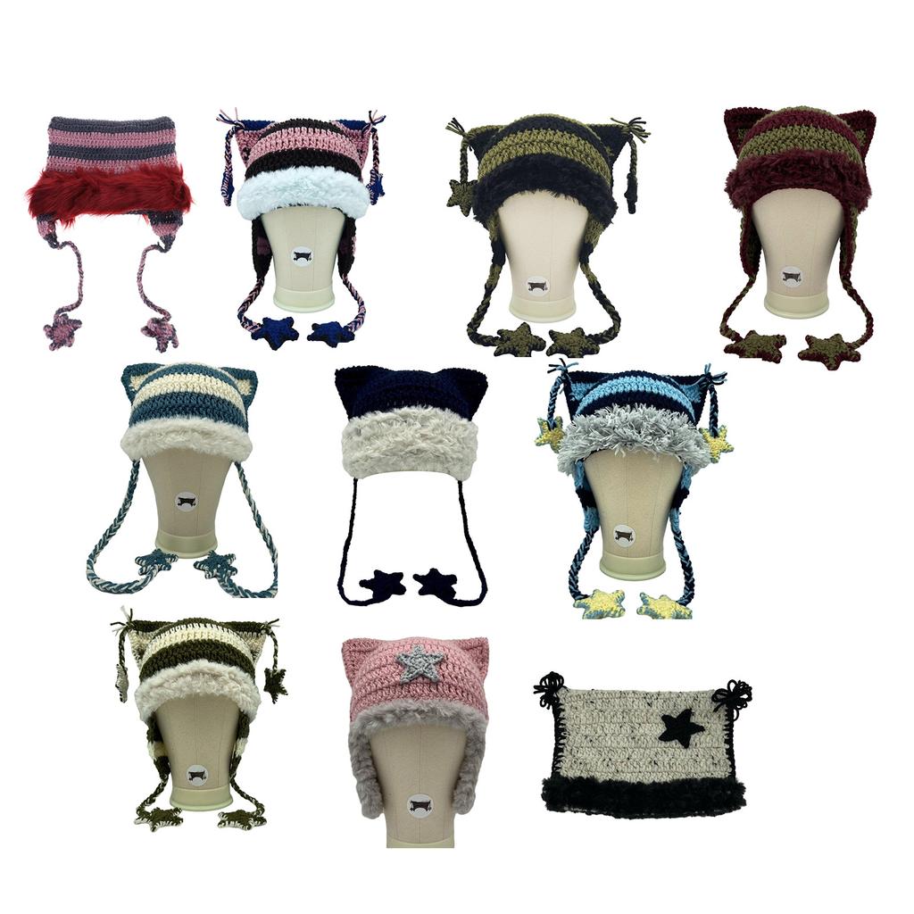 High Elastic Windproof Cat Ear Hat Knitted Stripe Pattern Hat for Women Men Keep Ear Warm Hat with Dangle Star Tassels