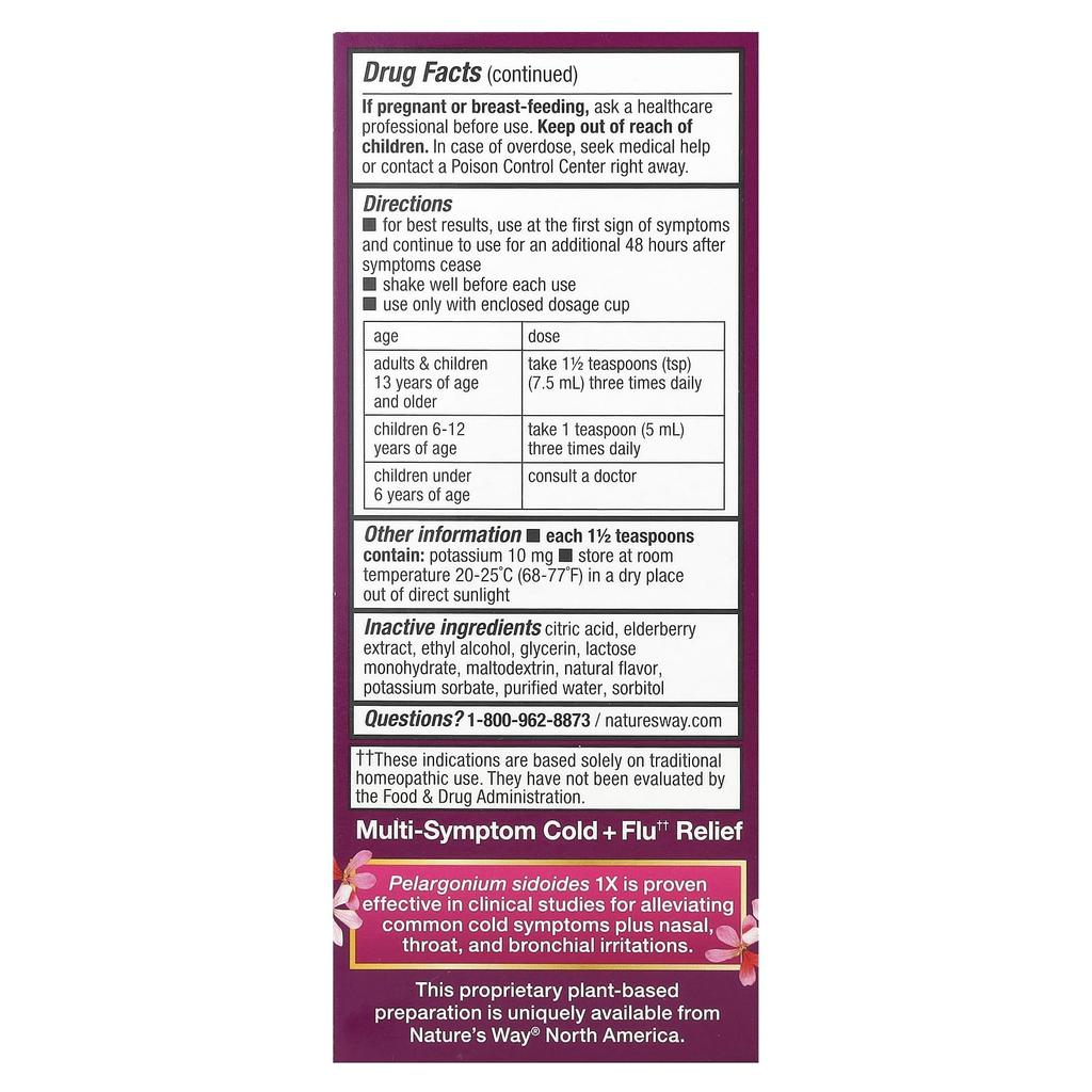 Nature'S Way, Cold + Flu Relief Syrup, Elderberry, Umcka®, Ages 6+, Berry, 120 Ml (4 Fl Oz)