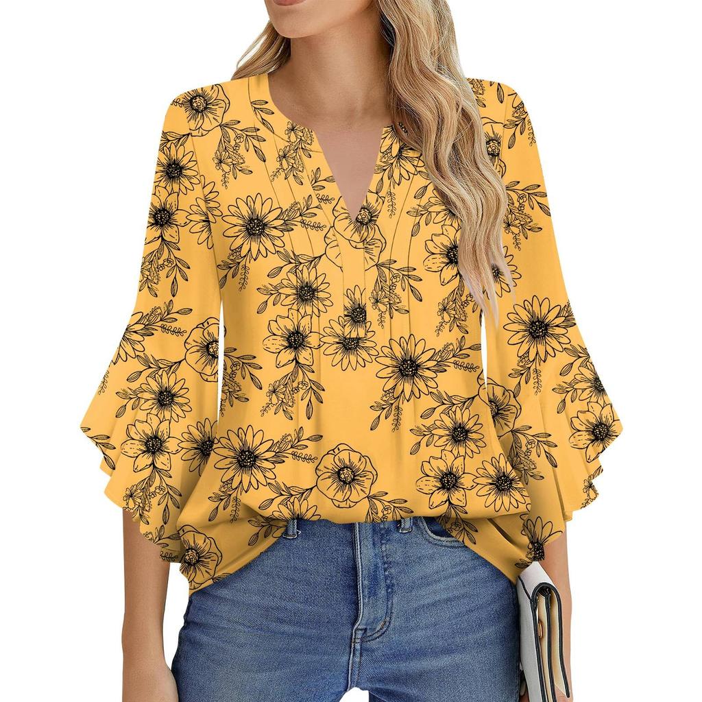 Dámská móda Ležérní plisované tričko s výstřihem do V, jednobarevné, tříčtvrteční rukáv, elegantní top