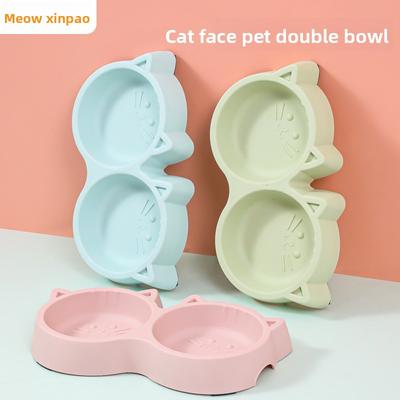 Miao Xin Bao Cuenco para Gatos de Plástico con Forma de Cara de Gato Doble Cuenco para Mascotas Cuenco para Mascotas