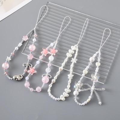 Étui de téléphone avec nœud en perles Love Pearl, cordon antichute et pendentif porte-clés