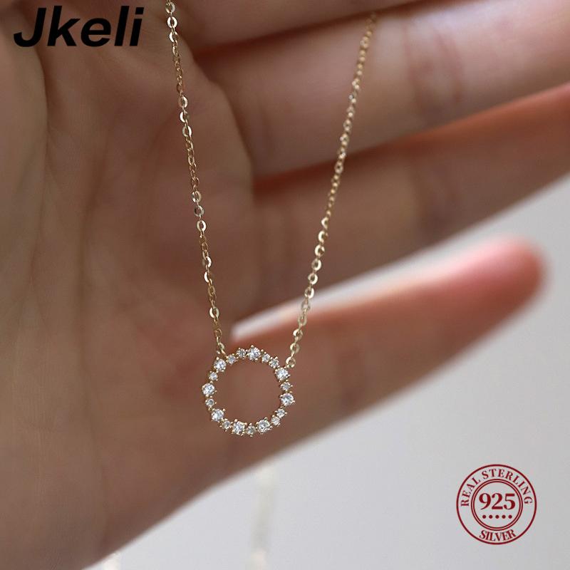 

Jkeli -100% S925 Silver Plated Gold Necklace with Full Diamond Circle Style Japanese and Korean K Gold Collar Chain 45cm белого золота