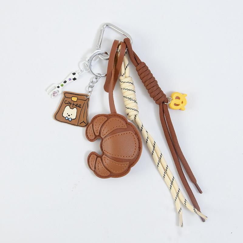 New Croissant Pendant Fashion Braided Rope Bag Pendant Creative Diy Luggage Pendant Pu Leather Bread Keychain Gift Accessories