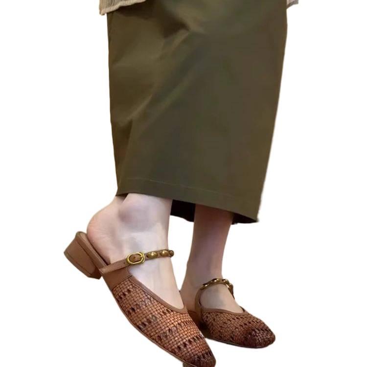 Beige Brown Genuine Leather Chunky Heel Closed-Toe Slip-On Mules