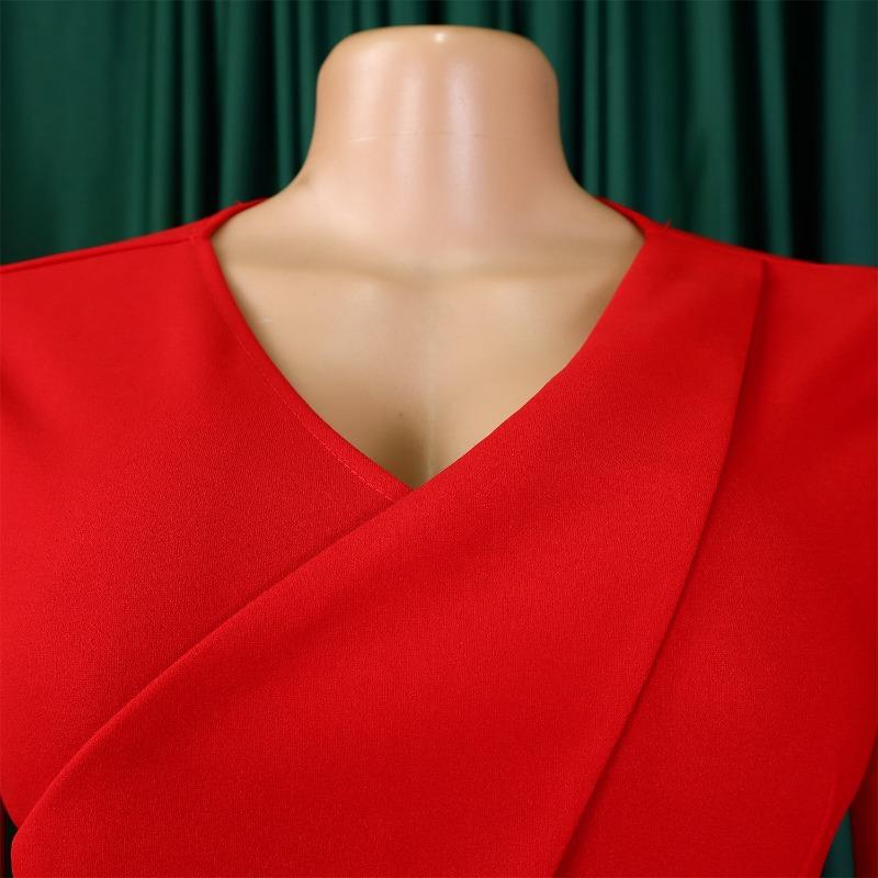 Women Solid Color V Neck Pleated High Waist A Line Mid Length Dress With Belt