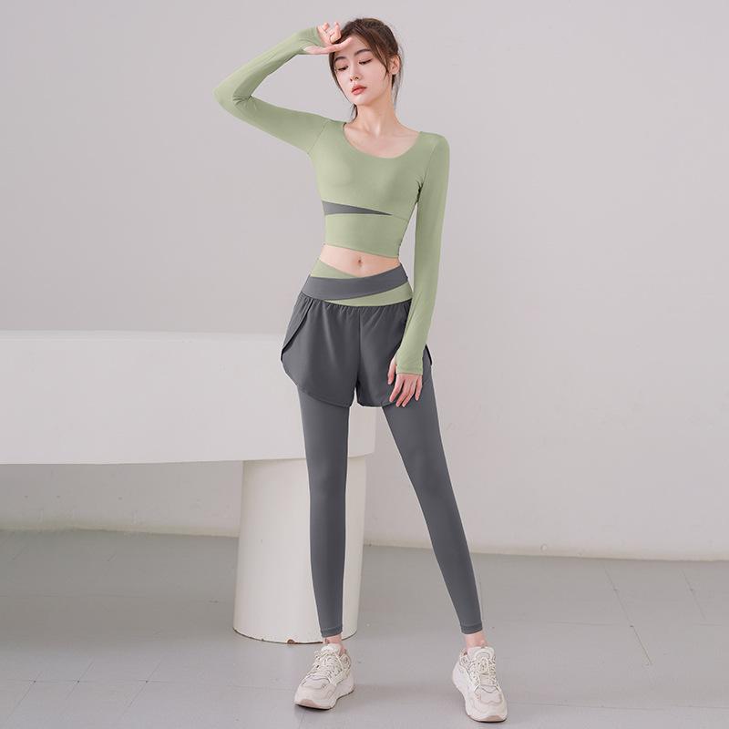 With chest pads, long sleeves, fake two-piece trousers set, running fitness, yoga clothes, sports women's outer wear, quick-drying, high waist