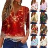 Women's Fashion Casual Christmas Print V-Neck Button Three-Quarter Sleeve T-Shirt Top