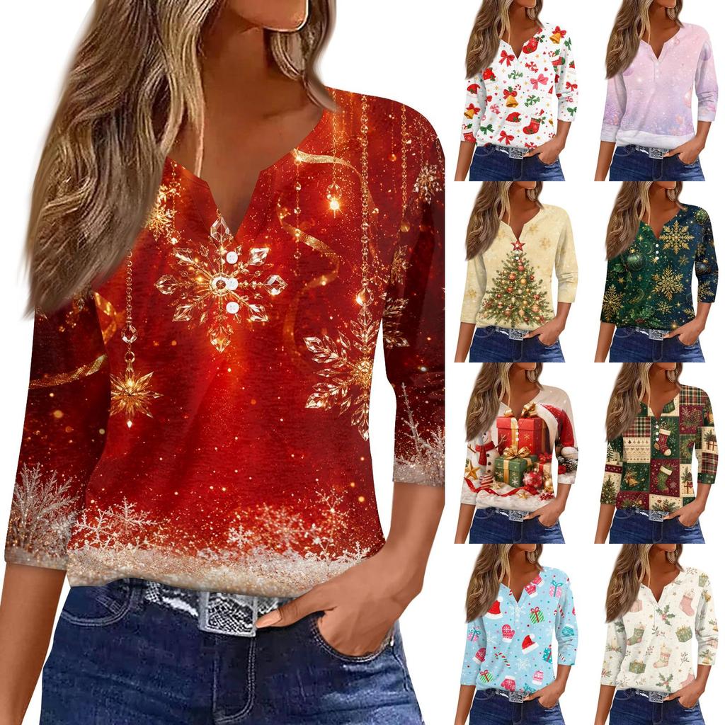 Women's Fashion Casual Christmas Print V-Neck Button Three-Quarter Sleeve T-Shirt Top