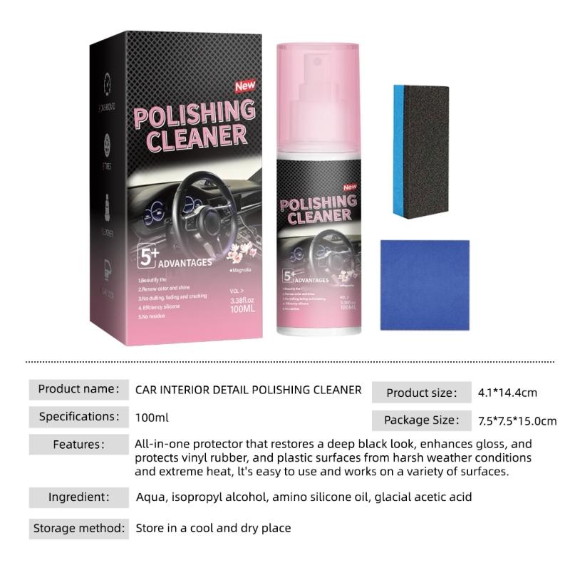 100ml Interior Polish Detailer Dashboard Polishing Cleaner Multipurpose Car Cleaner with Sponge & Wipe Detailing Cleaner