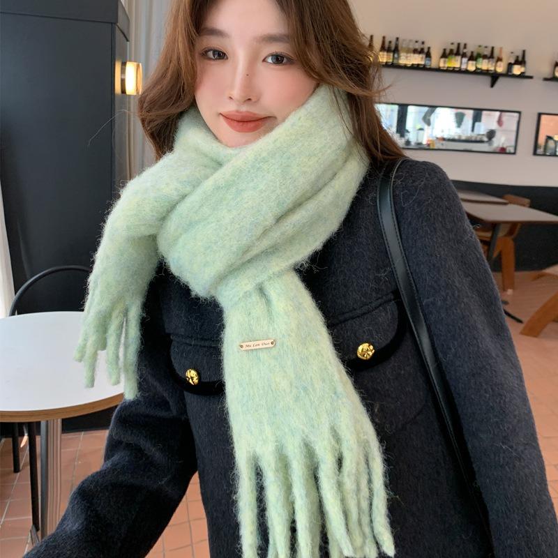 Women's wool-blended knitted solid-color scarf winter thickened warm student scarf men