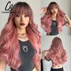 CharmSource Lange natürliche gewellte Perücke mit ordentlichem Pony/Fransen für Frauen, rosa Haar, synthetische Perücken, Cosplay, Party, hitzebeständige Faser
