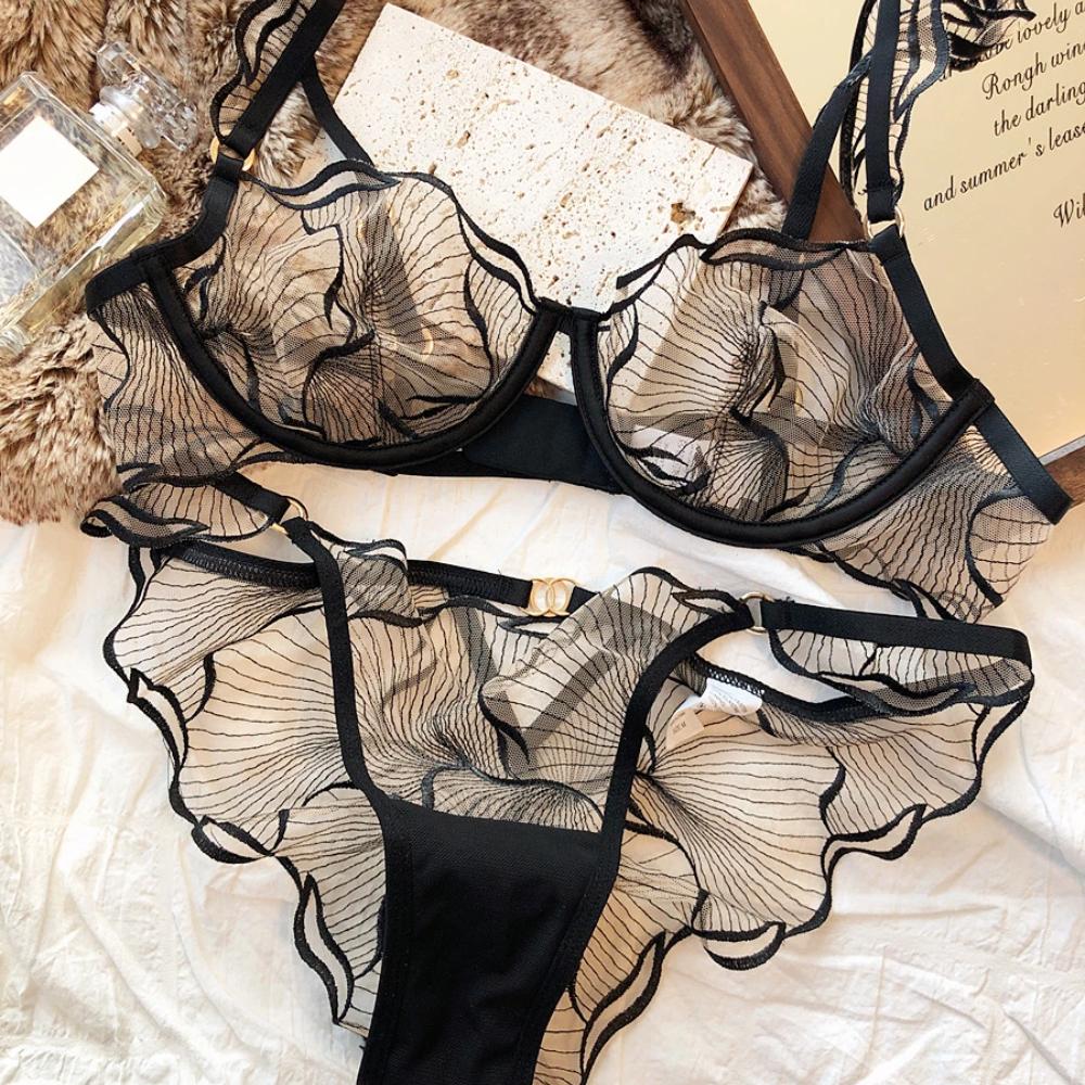 French Ultra Thin Underwear Set Sexy Mesh Breathable Bras Women Summer Lace Lingerie Black Temptation Intimates Briefs Sets