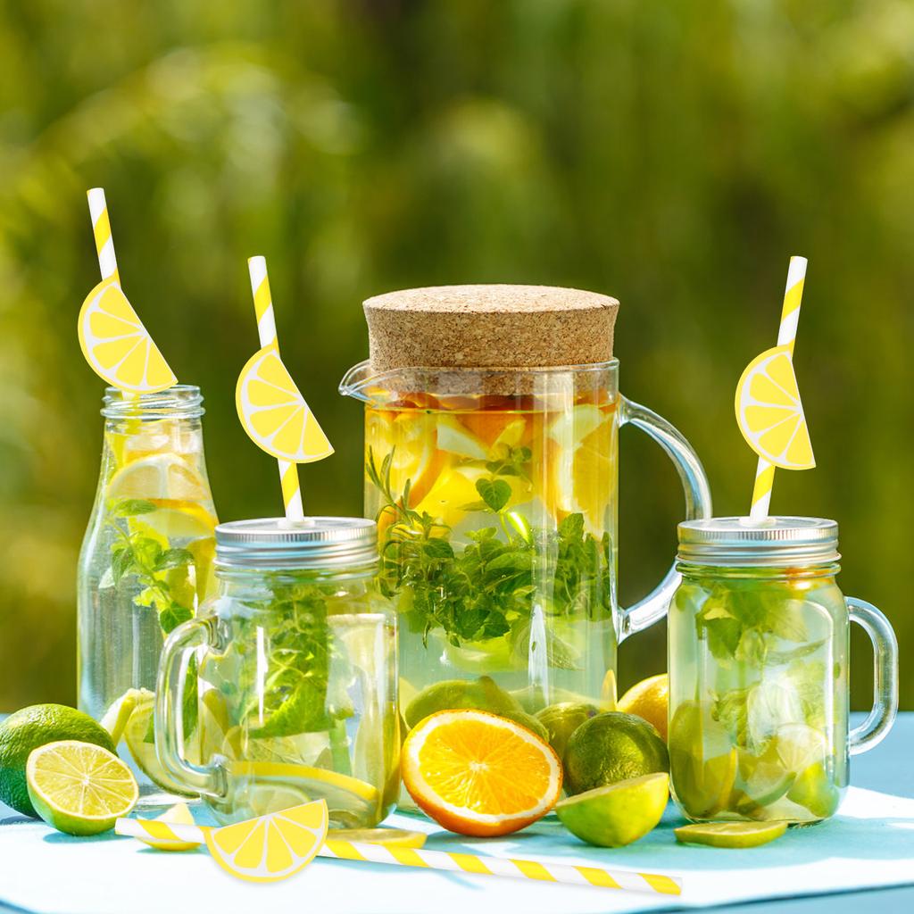 140Pcs Paper Drinking Straw Striped Drinking Straws With Lemon Decor Happy Birthday Wedding Party Supplies Drinking Straw