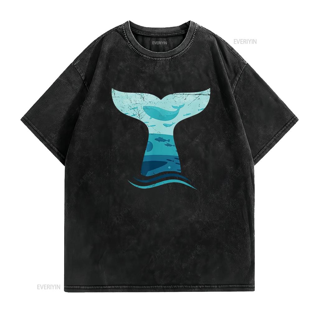 Womens Whale Tail In Waves Orca Killer Ocean Design T Shirt vintage Washed Stylish Slightly streetwear Top For Everyday Wear