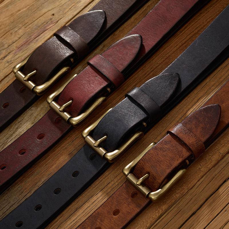 Retro Real Cowhide Belt Copper Buckle Men's Handmade First Layer Cowhide Belt Casual Jeans Belt