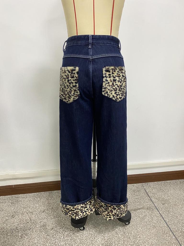 Women's Retro Dark Blue Leopard Print Plush Lined Denim Pants - Autumn/Winter Thick Long Pants