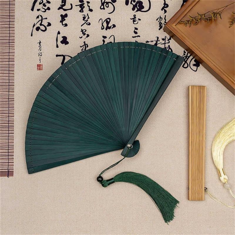 Artisanal Bamboos Folding Hand Fan Minimalists Handmade Craft Cooling Fan with Tassels Festivals Teas Ceremonies Decors