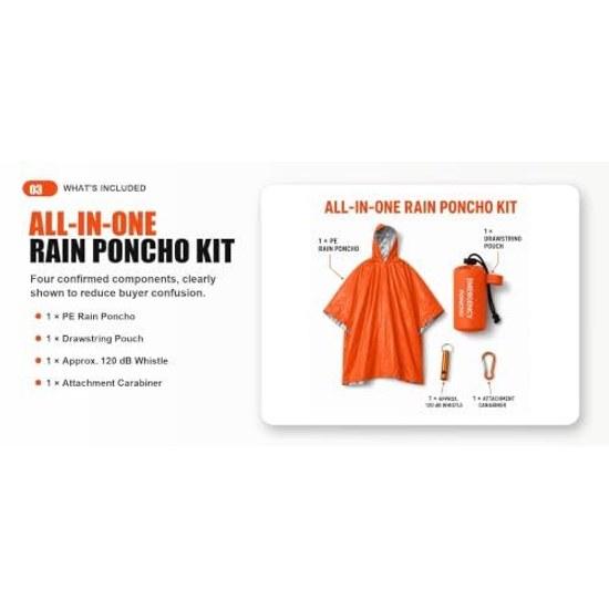 Emergency rain poncho kit waterproof hooded raincoat portable cover pouch whistle carabiner camping hiking.