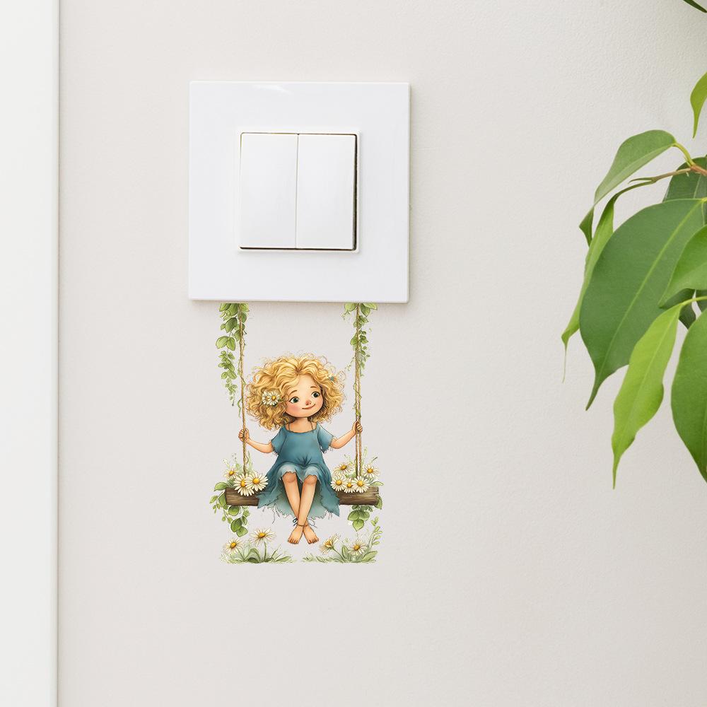 Cartoon Girl On Daisy Swing Switch Plate Cover Wall Sticker Cute Bedroom Living Room Decor Self-Adhesive Removable