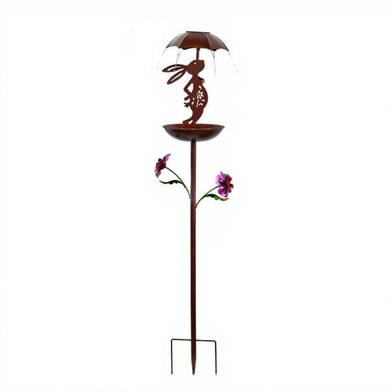 Bird Feeder with Solar Light Outdoor Decorative Garden Decor Wrought Iron Rabbit Holding Umbrella Anti-Rust Bird Feeder Stake for Yard Lawn Patio