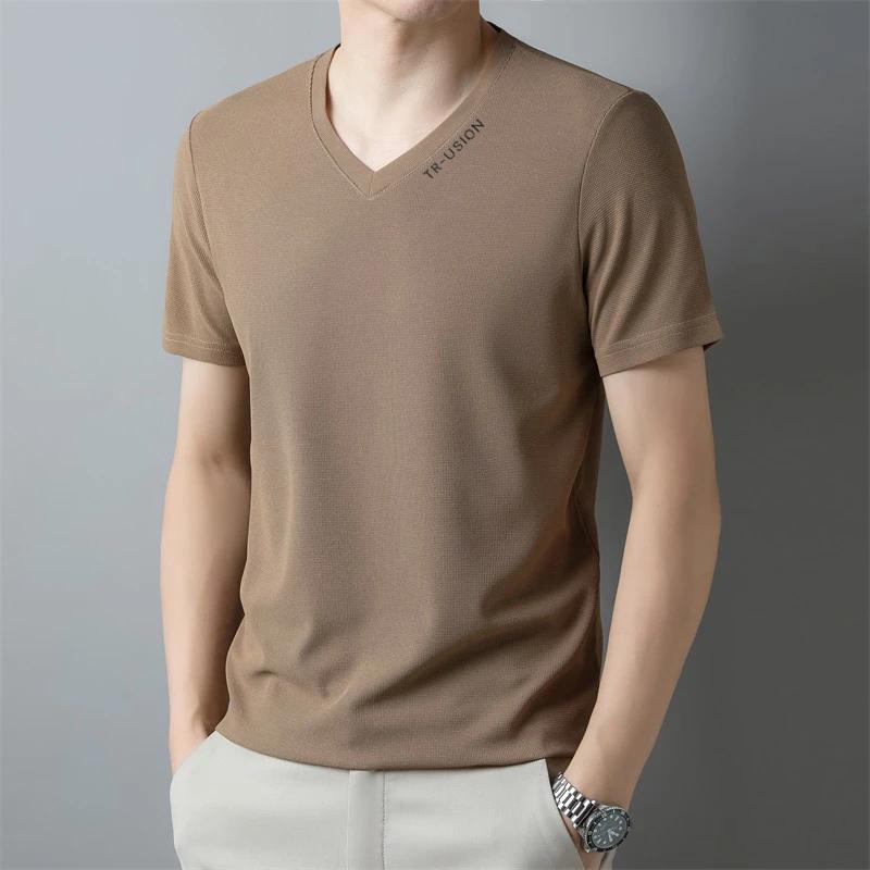 Men's Casual and Fashionable V-neck Solid Color Short Sleeved T-shirt Breathable and Comfortable Summer Versatile Top