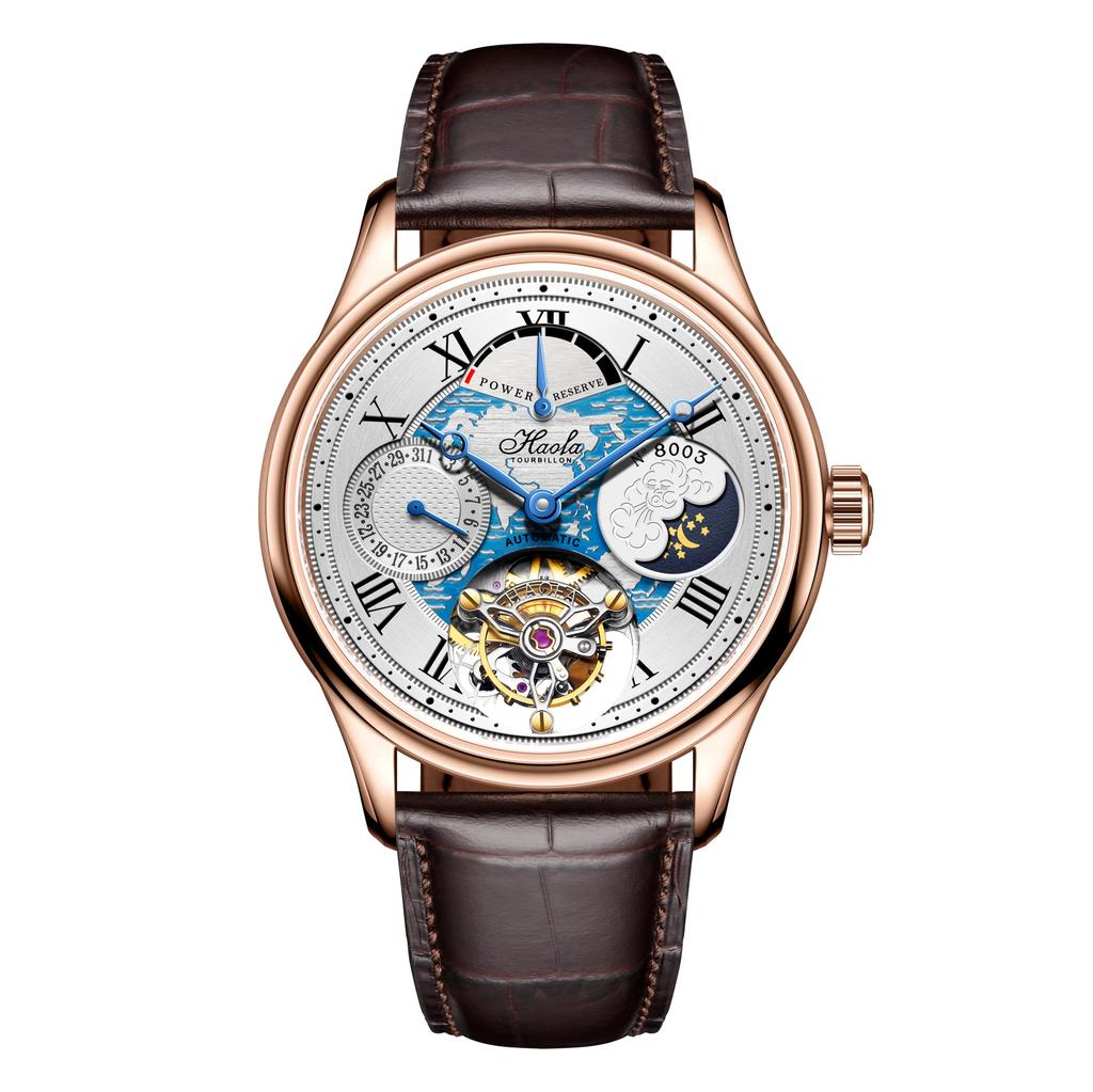 HAOFA Tourbillon Watch Mechanical Automatic Winding Energy Display Hollow Dial Moon Phase Stylish Date Luxury Sapphire Glass Popular Waterproof Gift