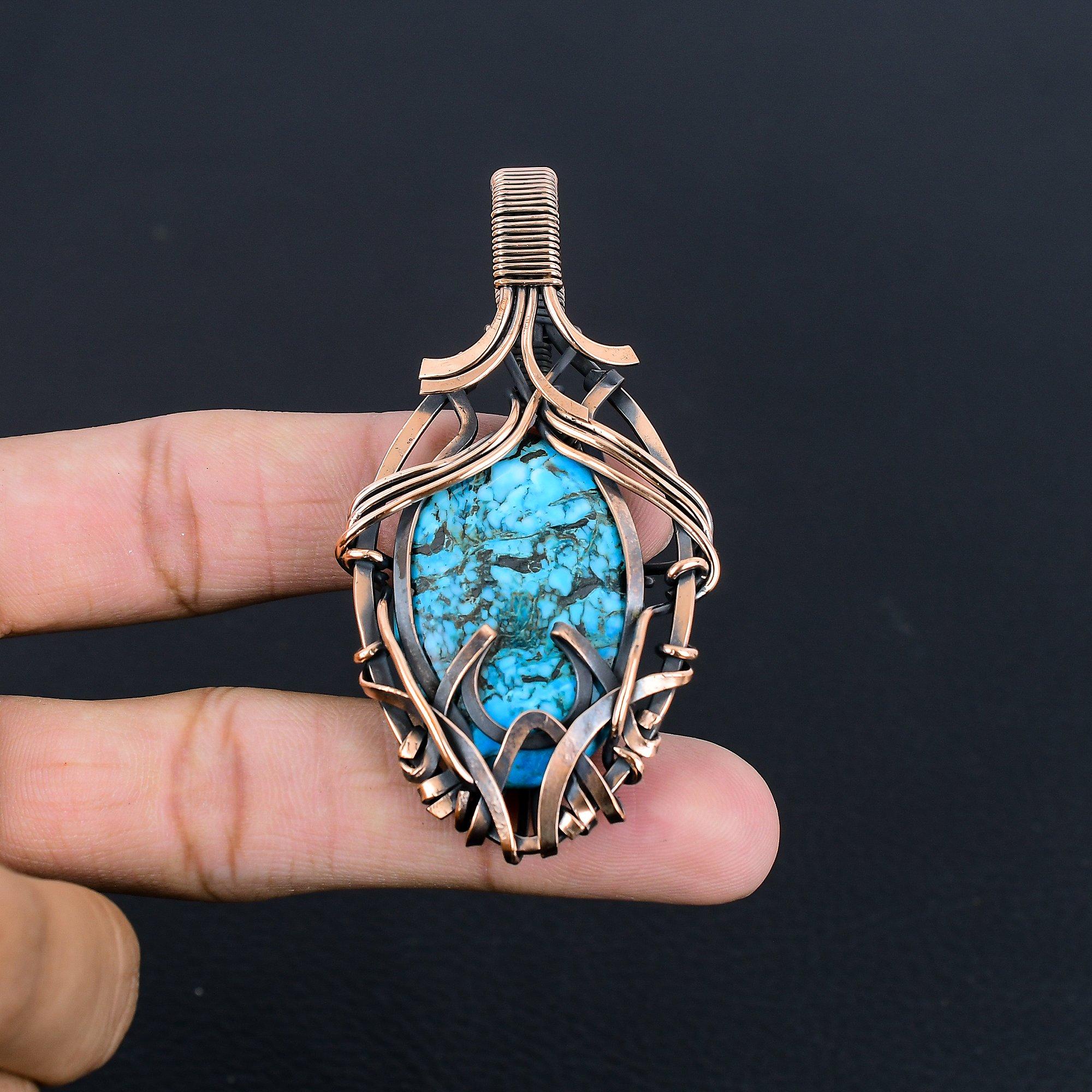 

Подвеска из тибетской бирюзы, ювелирное изделие из драгоценного камня, обернутое медной проволокой 999 пробы, подвеска ручной работы, на День благодарения 2.55 Inches