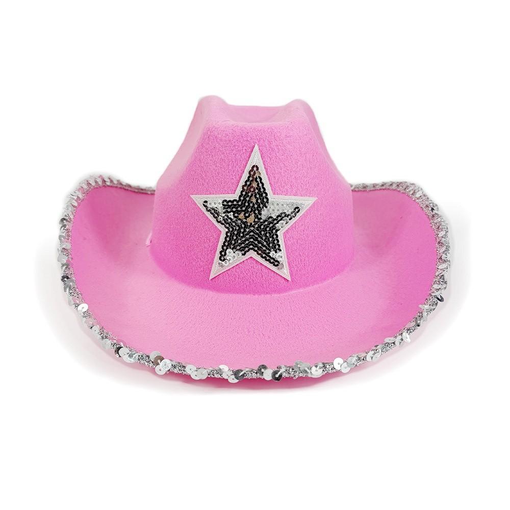 Rosa Stoff-Cowboyhut mit Sternverzierungen und leuchtender Krone für Partykleidung und Geschenke