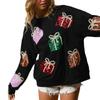 Women's Christmas Sweatshirt Loose Sequin Present Box Crew Neck Long Sleeve Pullover Tops Casual Streetwear
