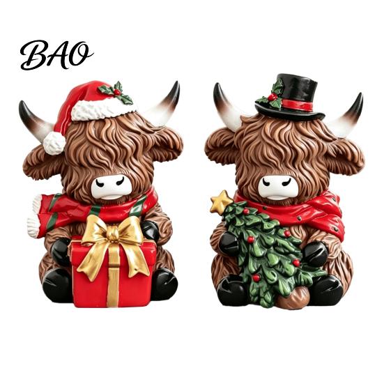 Christmas Tree Hanging Decorations Highland Cow Figurine, Resin Holiday Statue with Santa Hat & Decorative Sitting Figures Gift Box, Cute Calf Desktop