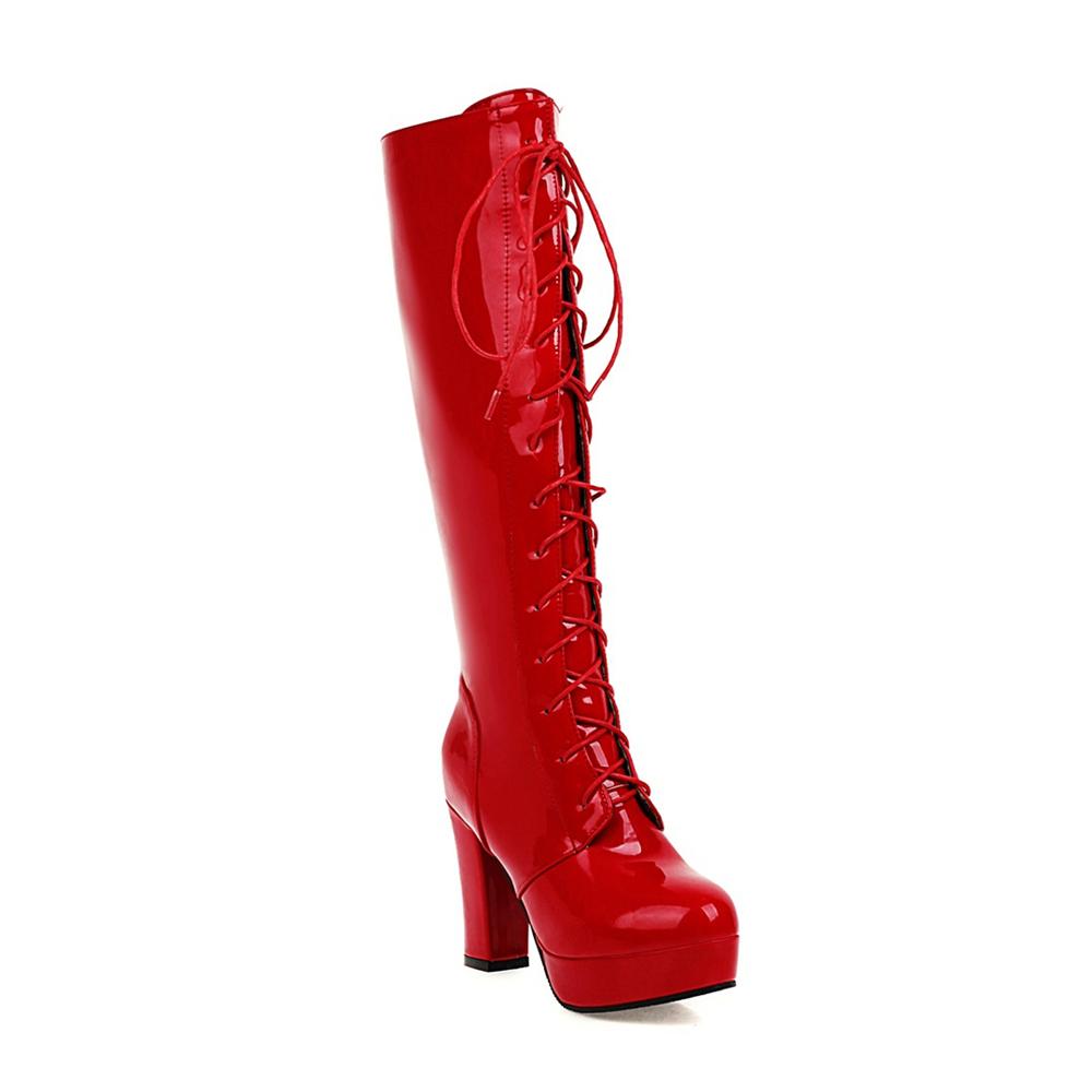 Fashion 2025 Patent Leather White Lacing Knee High Boots Lace Up Ladies Platform Boots High Heels Fashion Nightclub Patry Shoes Wholesal