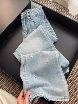 Jeans rectos de talle alto azul claro para mujer de talla grande con bordado de lazo - Pantalones de verano adelgazantes de pierna ancha