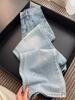 Women's Plus Size Light Blue High-Waist Straight Leg Jeans with Bow Embroidery - Summer Slimming Wide Leg Pants