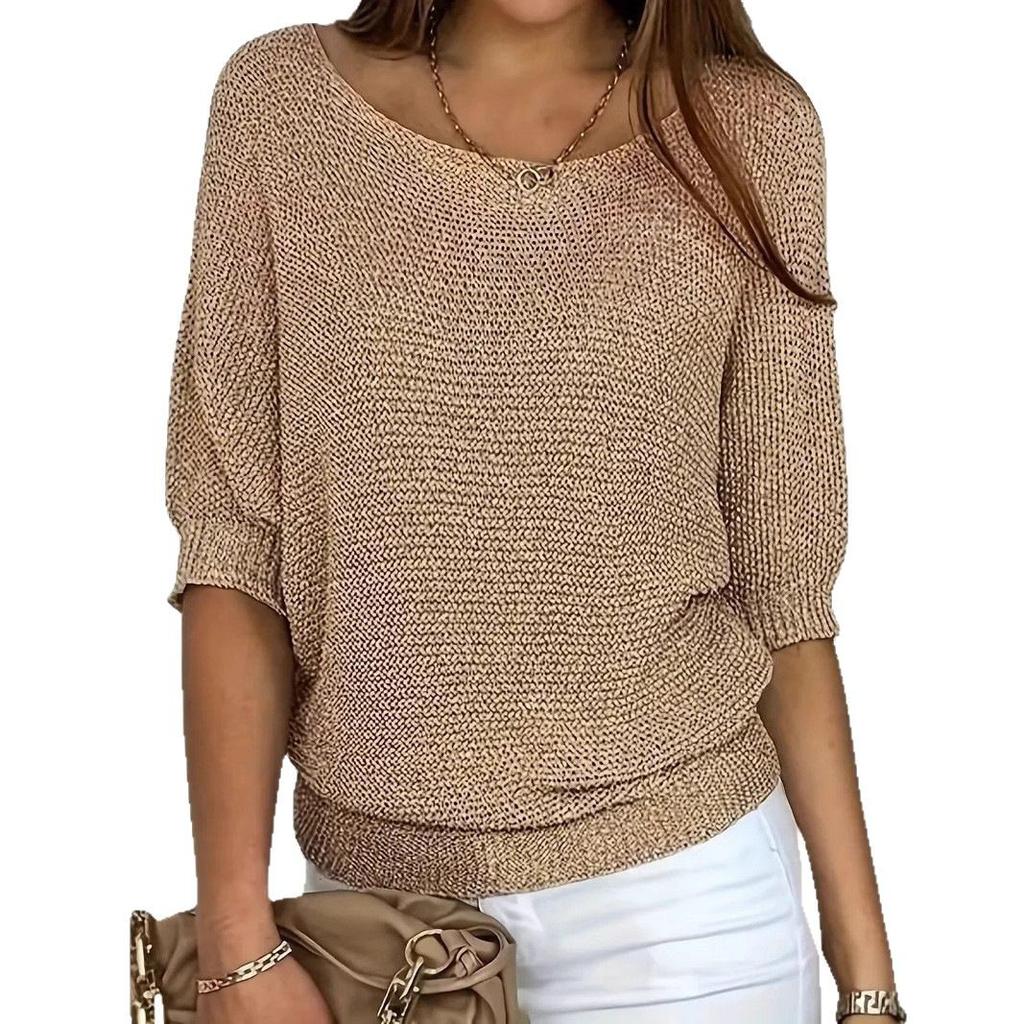 Cross-border summer round neck solid color casual loose shoulder sleeves versatile large size women's pullover sweater