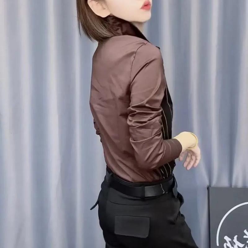 Spring Autumn New Fashion POLO Collar Long Sleeve Striped Women's Button Temperament Thin Shirts