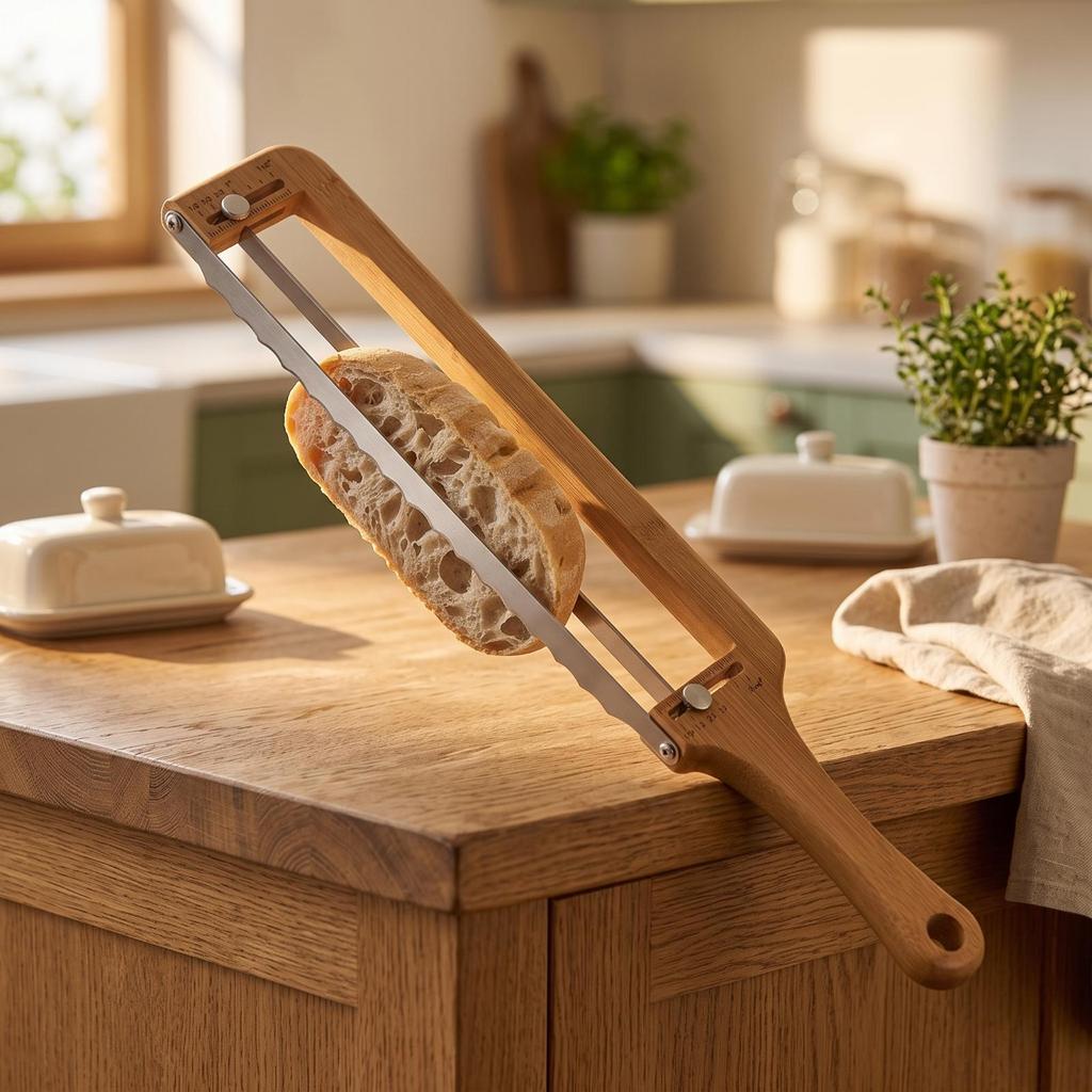 Wooden Bread Slicer | Stainless Steel Cutting, with Adjustable Guide, for Kitchen Style