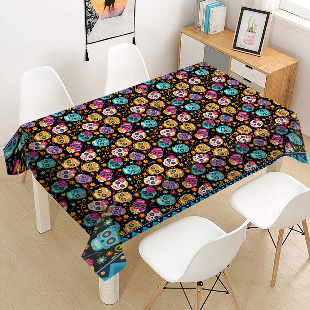 Halloween Mexico Day of The Dead Sugar Skull Flower Fabric Tablecloth Table Decor Waterproof Tablecloth for Table Party Supplies