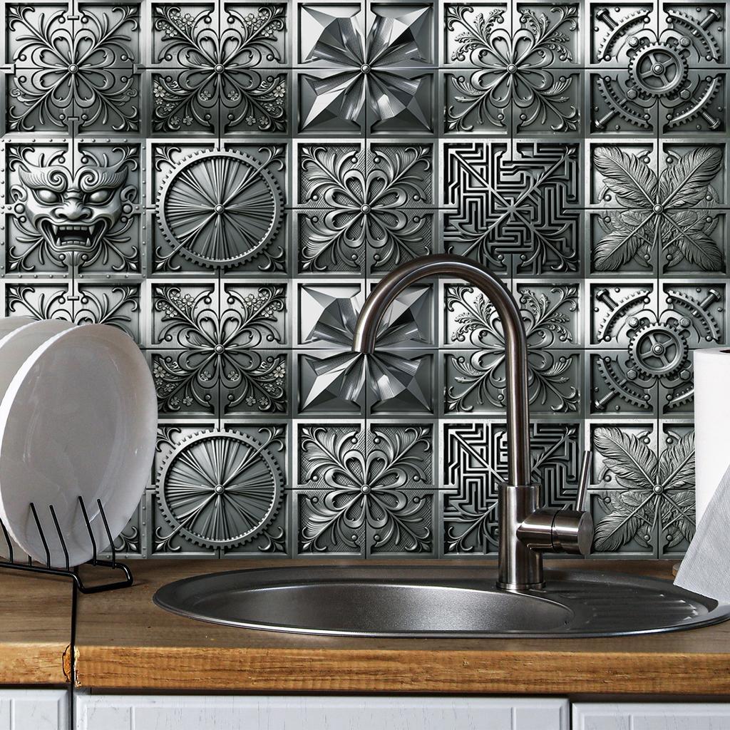 10Pcs 3D Metal Embossed Tile Stickers, Vintage Silver Floral PVC Wall Decals, Waterproof Self-Adhesive Crystal Film Decor for Kitchen Bathroom Floor