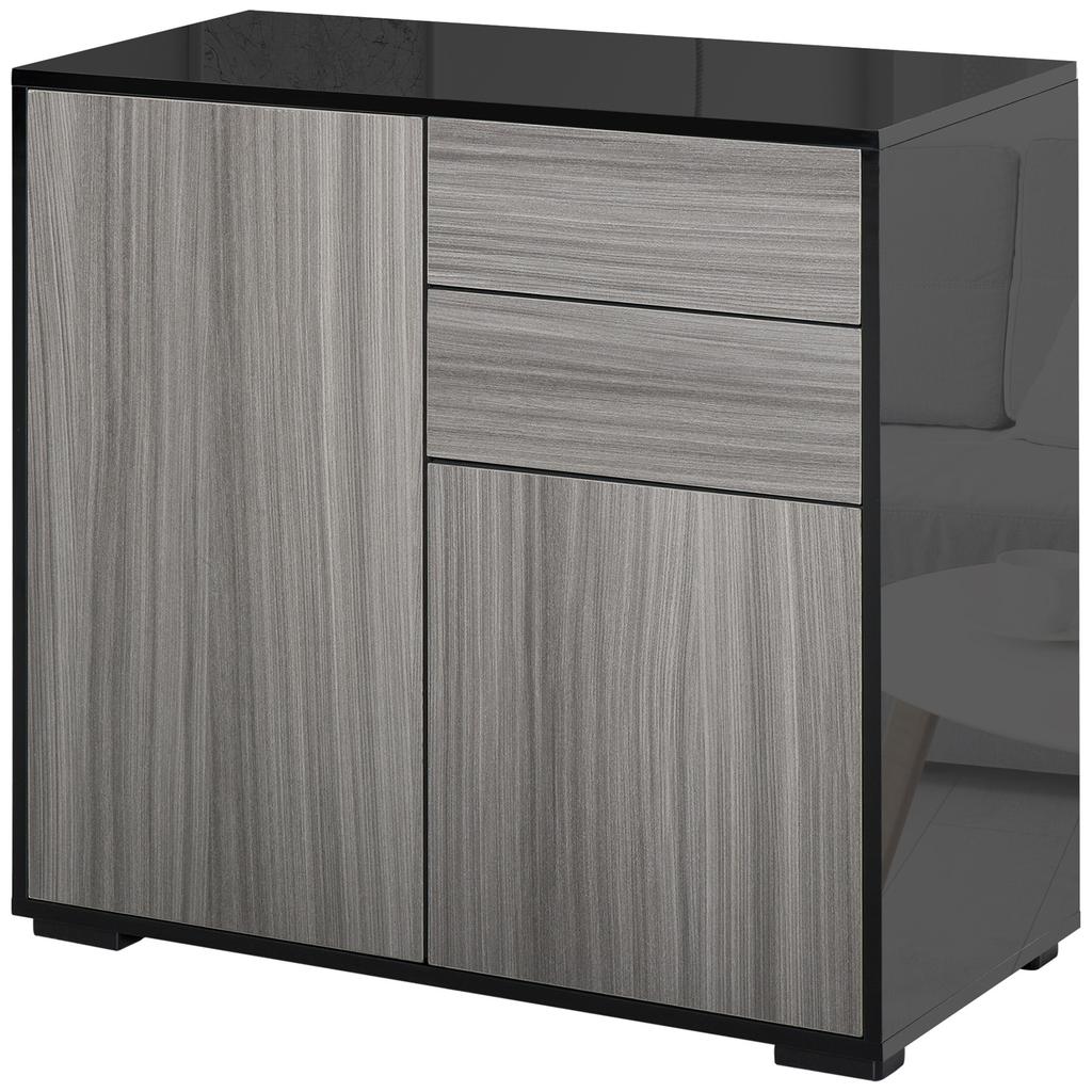 High Gloss Frame Sideboard, Push-Open Design with 2 Drawer for Living Room, Bedroom, 74H x 79W x 36Dcm, Light Grey and Black