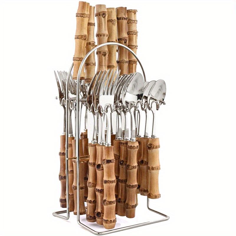 24Pcs Creative Dinnerware Sets Bamboo Handle Stainless Steel Flatware Set Knife Fork Spoon Tableware Set Luxury Cutlery Rack