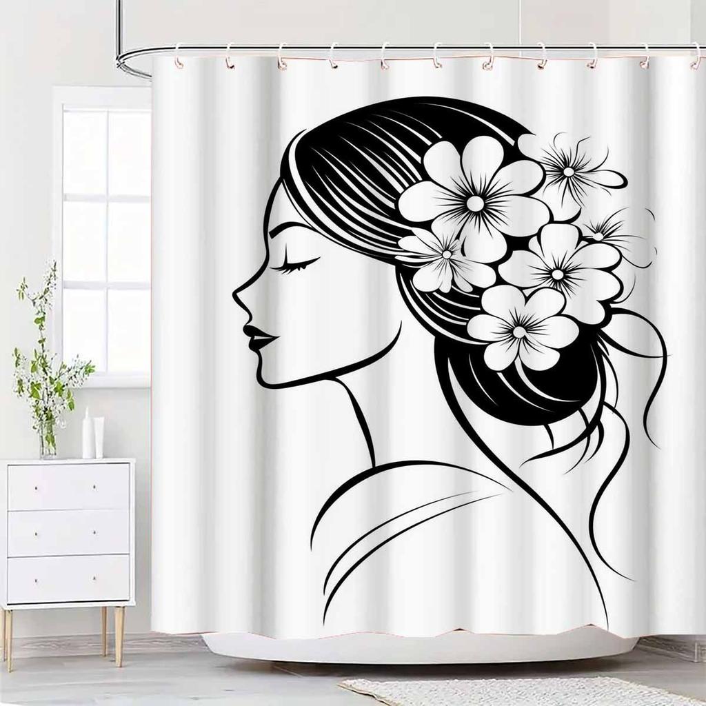 1pc Art Line Cherry Blossom Portrait Series Shower Curtain - with 12 Hooks, Machine Washable, Suitable for Bathroom Decor