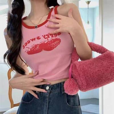 2024 Pink Print Y2k Vest Summer Off-the-Shoulder Sleeveless Fashion Vintage Crop Top