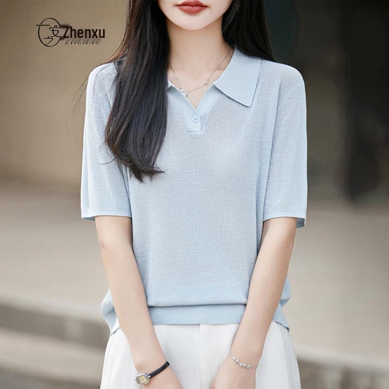 Zhenxu Women's Tencel Linen Polo Knit Top