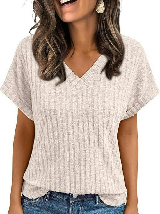Europäische & Amerikanische Damen Sommer V-Ausschnitt Kurzarm Lässiger Pullover T-Shirt 2025