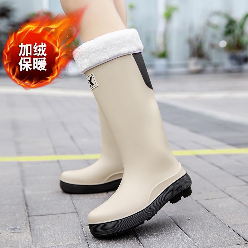 High tube rain shoes women's new fashion rain boots outdoor waterproof shoes rubber shoes fleece thickened long tube water boots women's fashion