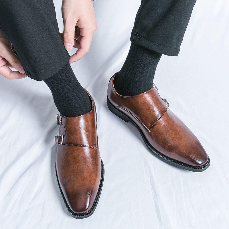 

Men s Brown Leather Monk Strap Shoes - Formal, Business, Wedding, British Style 41