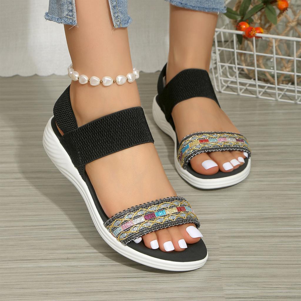 Women Elastic Band Open Toe Sandals Lightweight Casual Summer Shoes Slip On Flat Sole Breathable Soft Comfortable Footwear