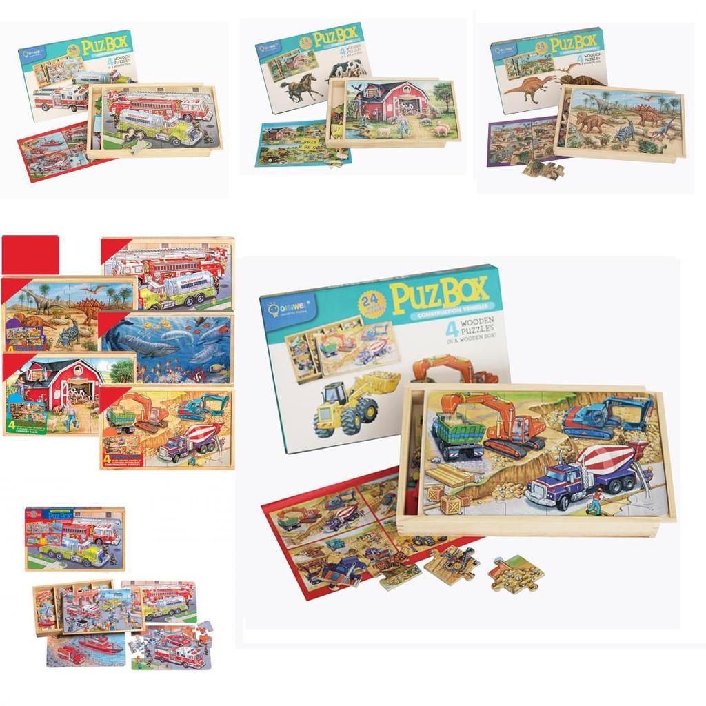 Holzpuzzle-Set mit Vier-in-einem-Transport- und Dinosaurier-Themen für Kinder zum Lernen und Spielen