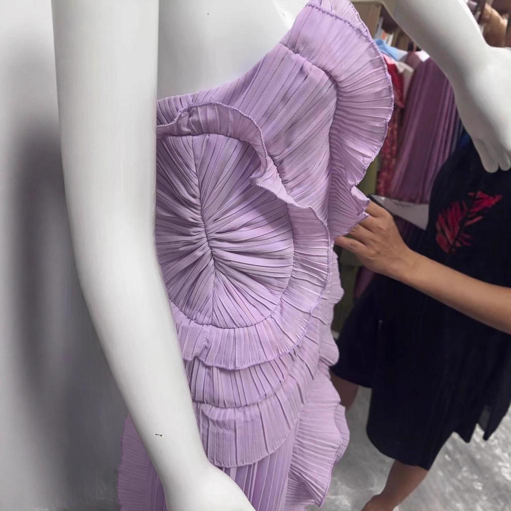 High-End Women's Chiffon Midi Dress with Ruffle Pleats, European and American Fashion